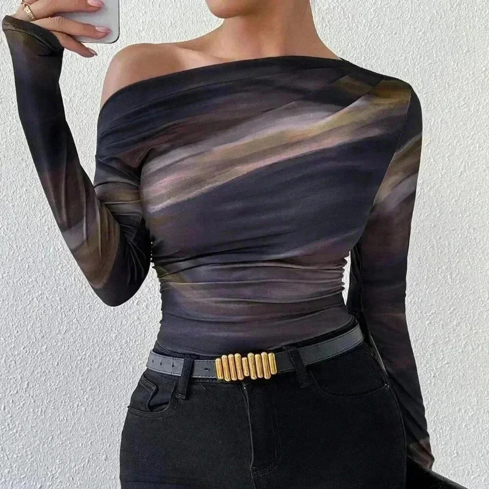 Casual Women's Marble Gradient Print Asymmetrical Neck top